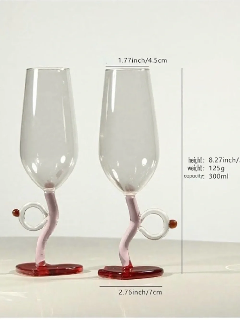 Heart Base Red Wine Glasses with Pink Stems - Set of 2